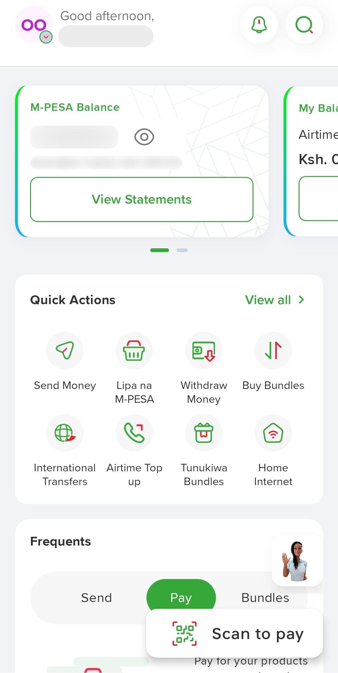 Safaricom One App home screen showing the M-PESA balance card and quick actions like Send Money and Lipa na M-PESA.