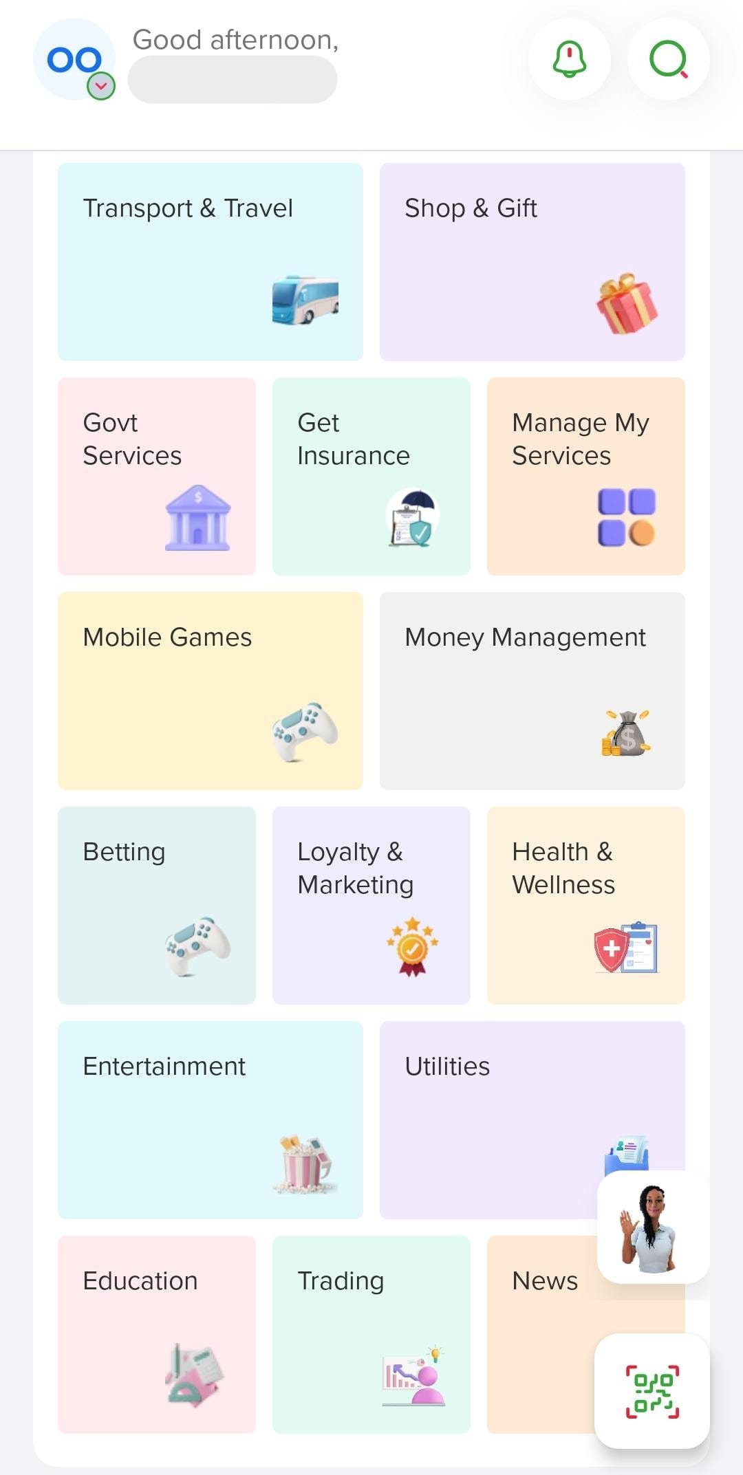 Services screen in the One App showing category tiles including Transport & Travel, Money Management and Education. The Utilities tile is highlighted with a green ring as the next thing to tap.