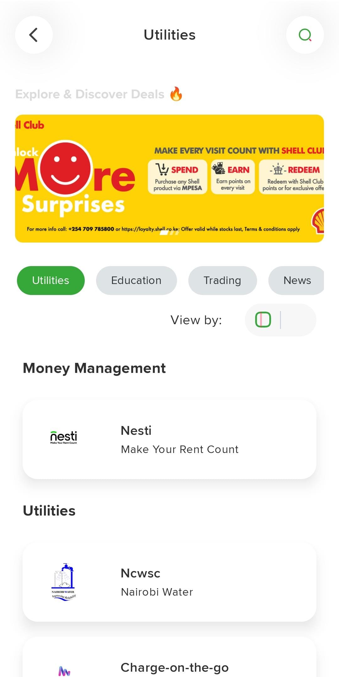 Utilities screen in the One App with the Nesti card highlighted under the Money Management section.