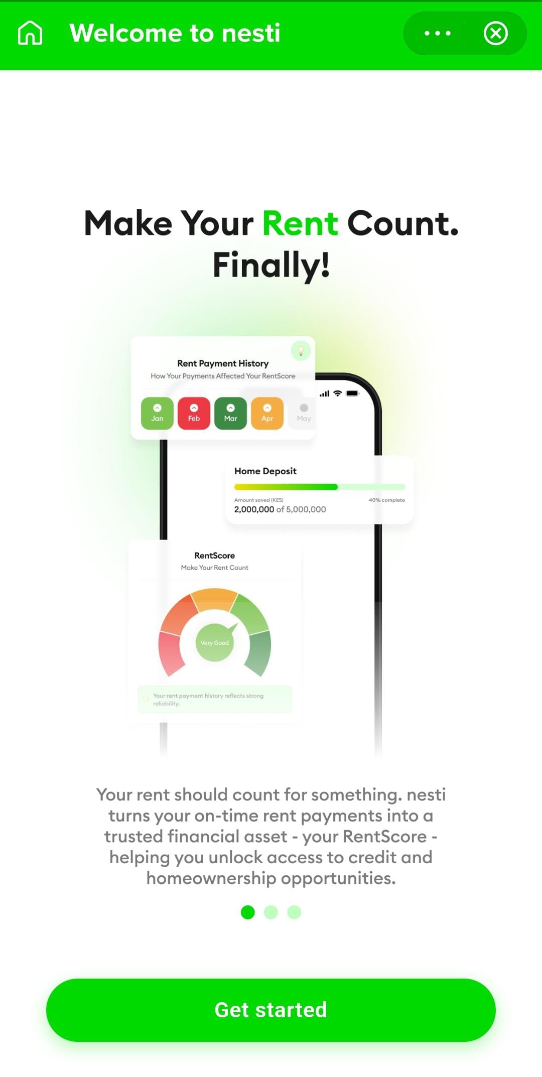 Nesti welcome screen inside the One App that reads 'Make Your Rent Count. Finally!' with a green Get started button.